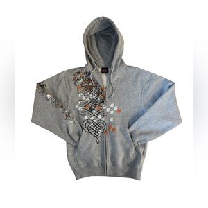 Harley-Davidson Y2K Gray Hoodie with Orange & Black Graphic Details